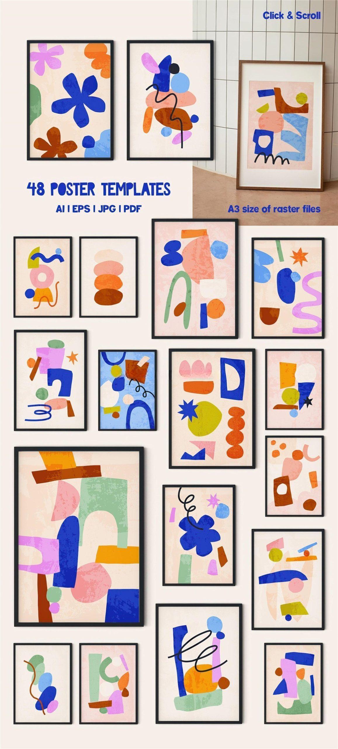 400多个大胆孟菲斯风格剪纸艺术几何抽象艺术矢量图形插图海报挂画设计免扣元素素材 Cutout Prints — Wall Art Collection（12937）