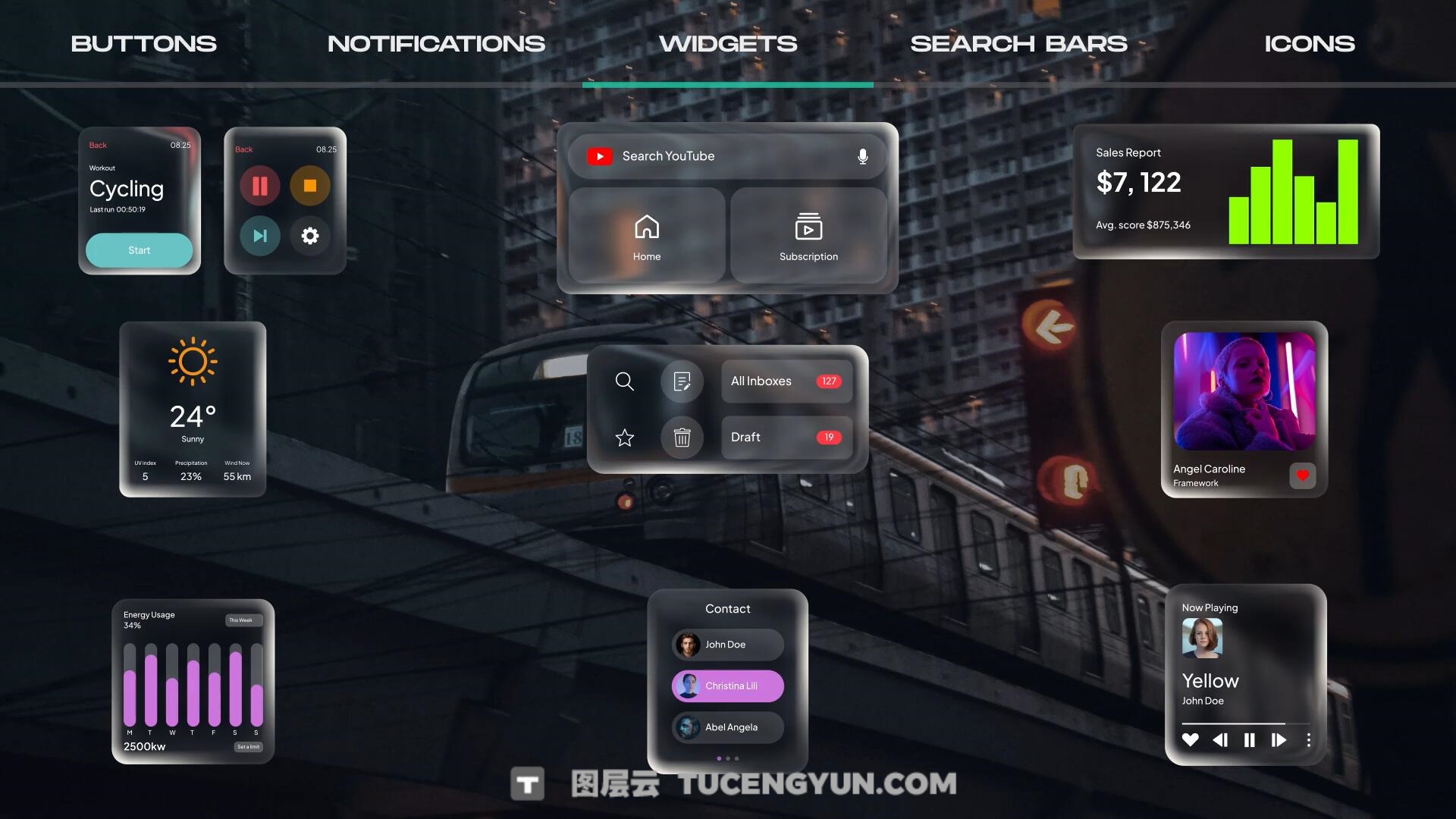 AE模板：苹果液态玻璃风格按钮、图标、通知、 部件、搜索栏UI动画模板（13859）