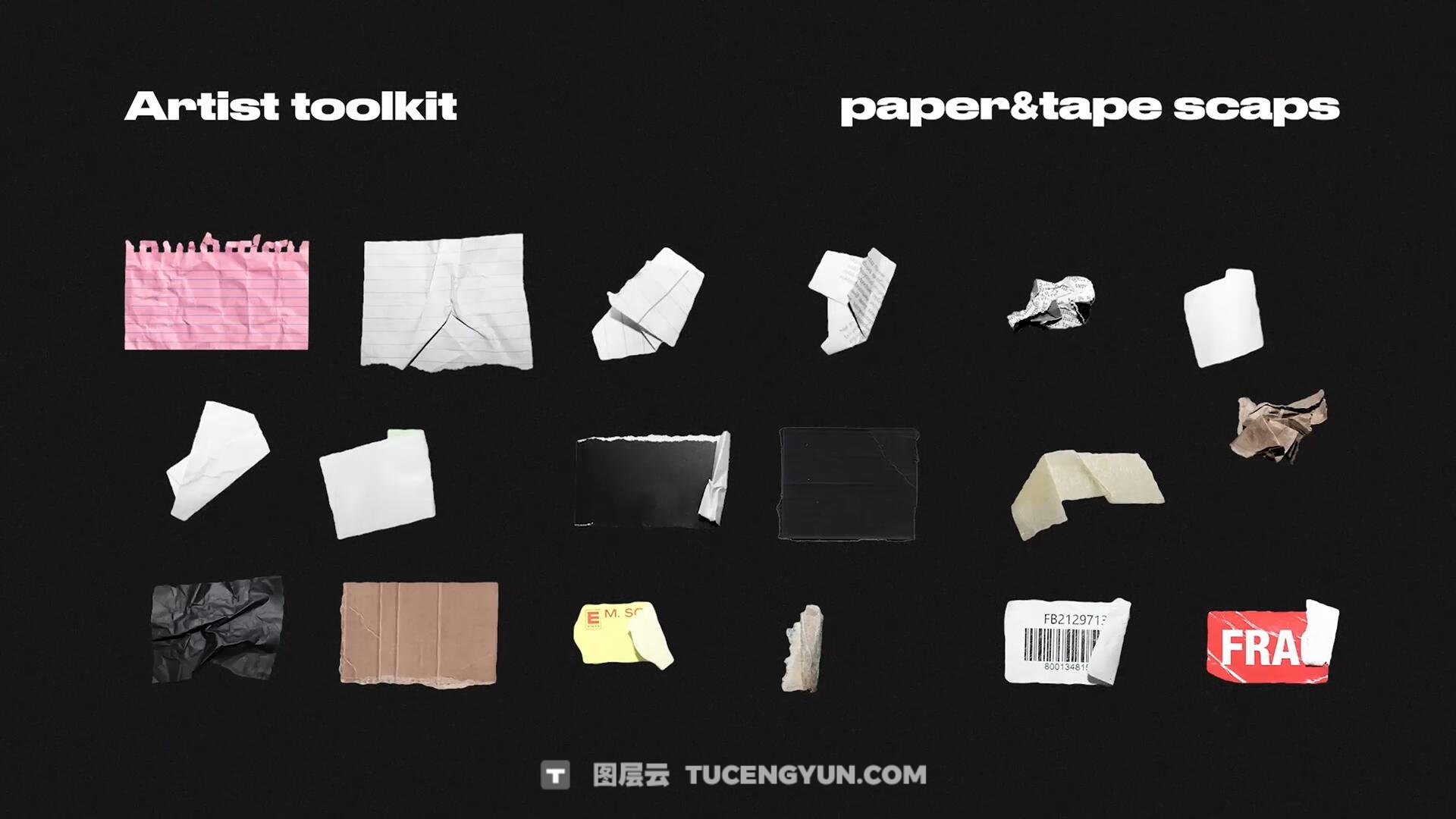 205个复古拼贴艺术垃圾摇滚涂鸦纸张、纸框、贴纸、纸张过渡、胶带碎片视频剪辑素材包（14008）