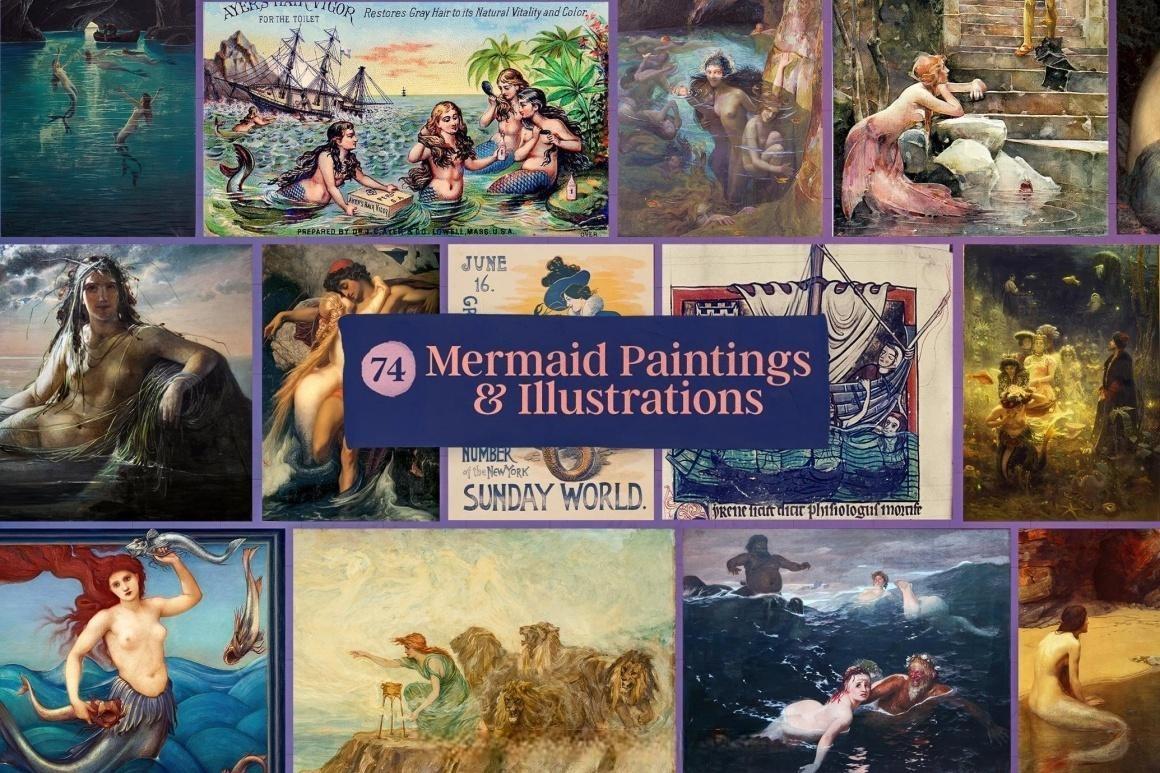 100个超现实主义拼贴艺术海洋神话西方油画塔罗牌画作图片珠宝贝壳PNG免扣图片插画素材 Sirens — Vintage Graphics Pack（13017）