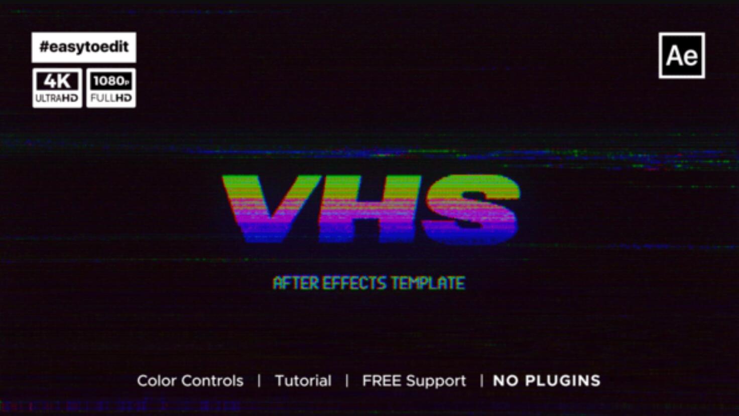 AE/PR模板：复古VHS风格旧电视故障干扰LOGO展示开场片头（12960）