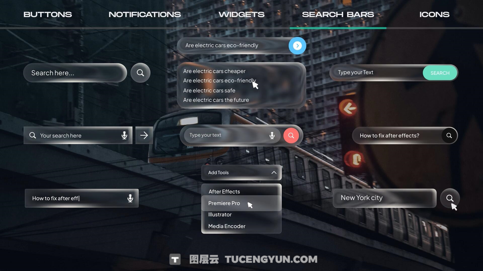 AE模板：苹果液态玻璃风格按钮、图标、通知、 部件、搜索栏UI动画模板（13859）
