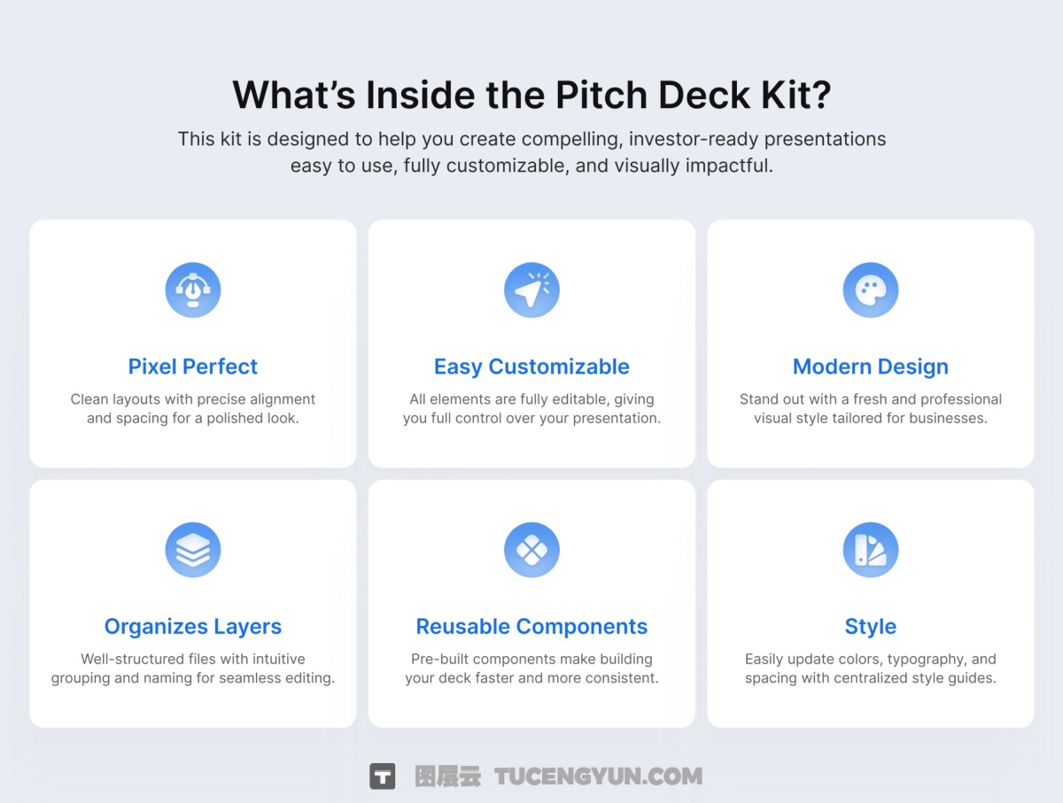 PPT模板：25页极简商业战略策划企业年度报表简报幻灯片设计ppt/figma模板 Blura – Pitch Deck Kit（13991）