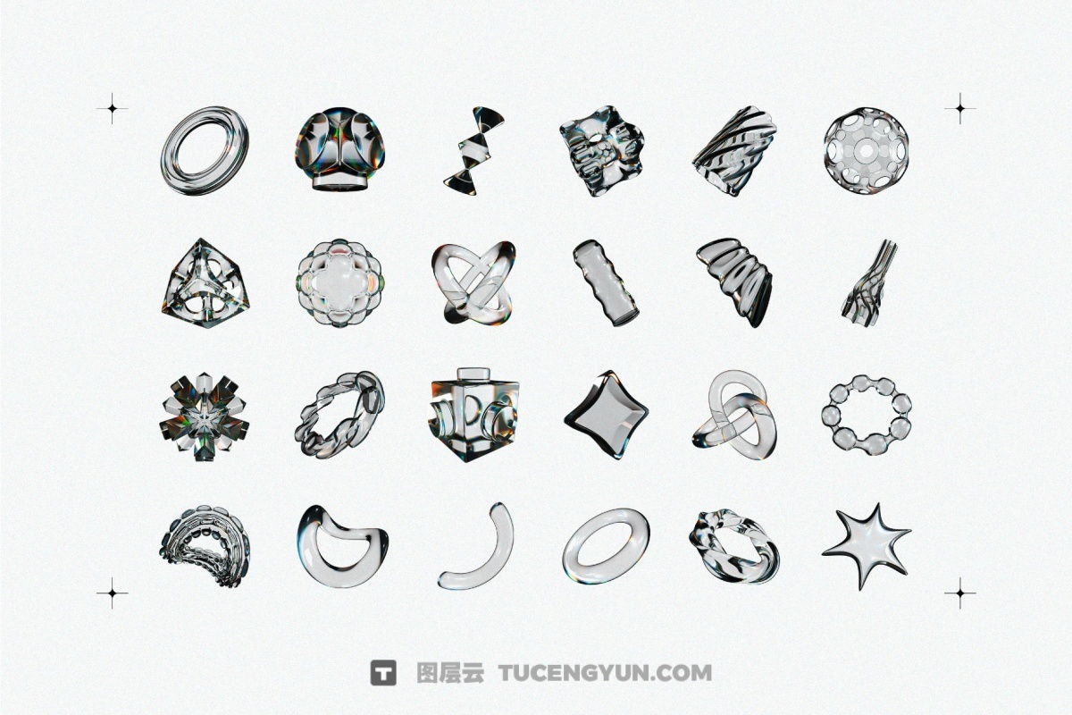 60种全新3D透明彩虹色散液态玻璃水晶形状PNG免抠图片素材（14002）