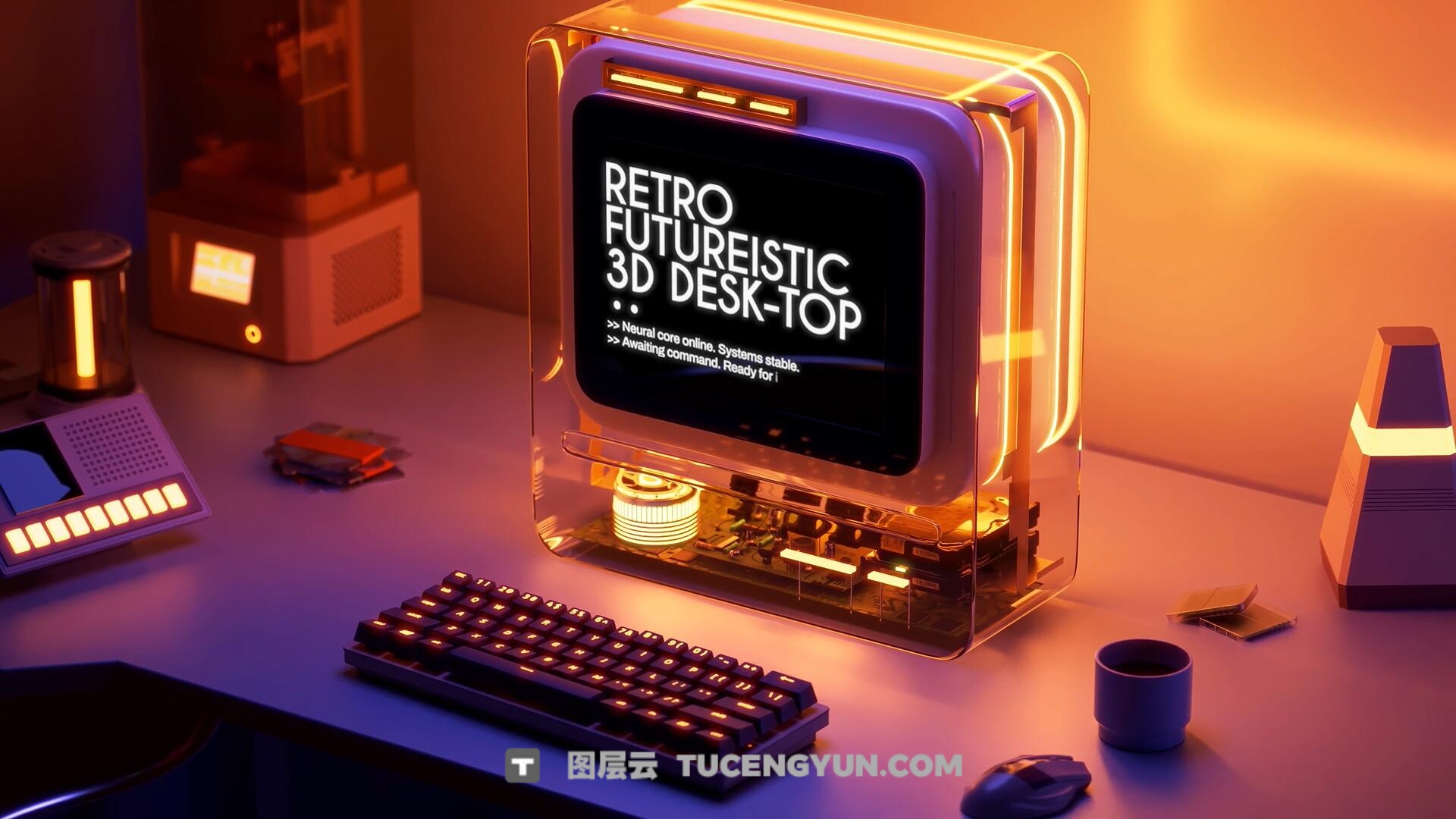 达芬奇模板：复古超现实主义未来派3D桌面动画模板（14018）