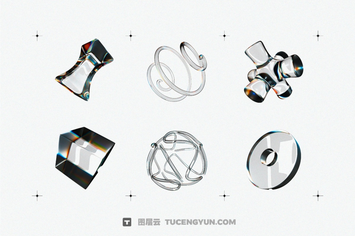 60种全新3D透明彩虹色散液态玻璃水晶形状PNG免抠图片素材（14002）