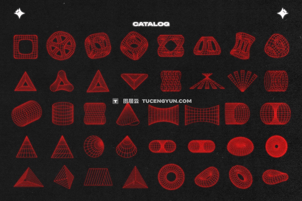 88种赛博朋克科技未来抽象艺术波浪网格线条图线框AI、SVG、EPS、PNG设计元素套装 Pixflow – Wireframe Shapes（13919）