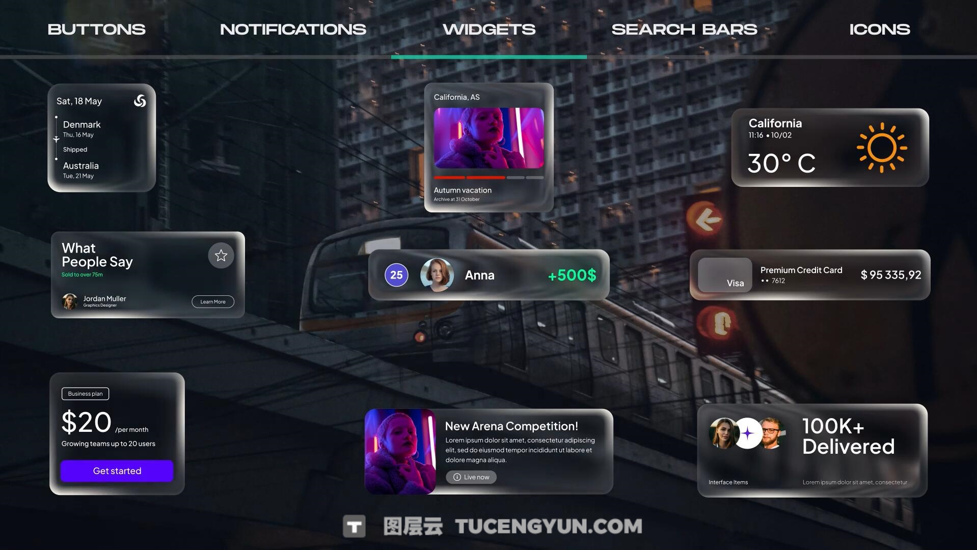 AE模板：苹果液态玻璃风格按钮、图标、通知、 部件、搜索栏UI动画模板（13859）