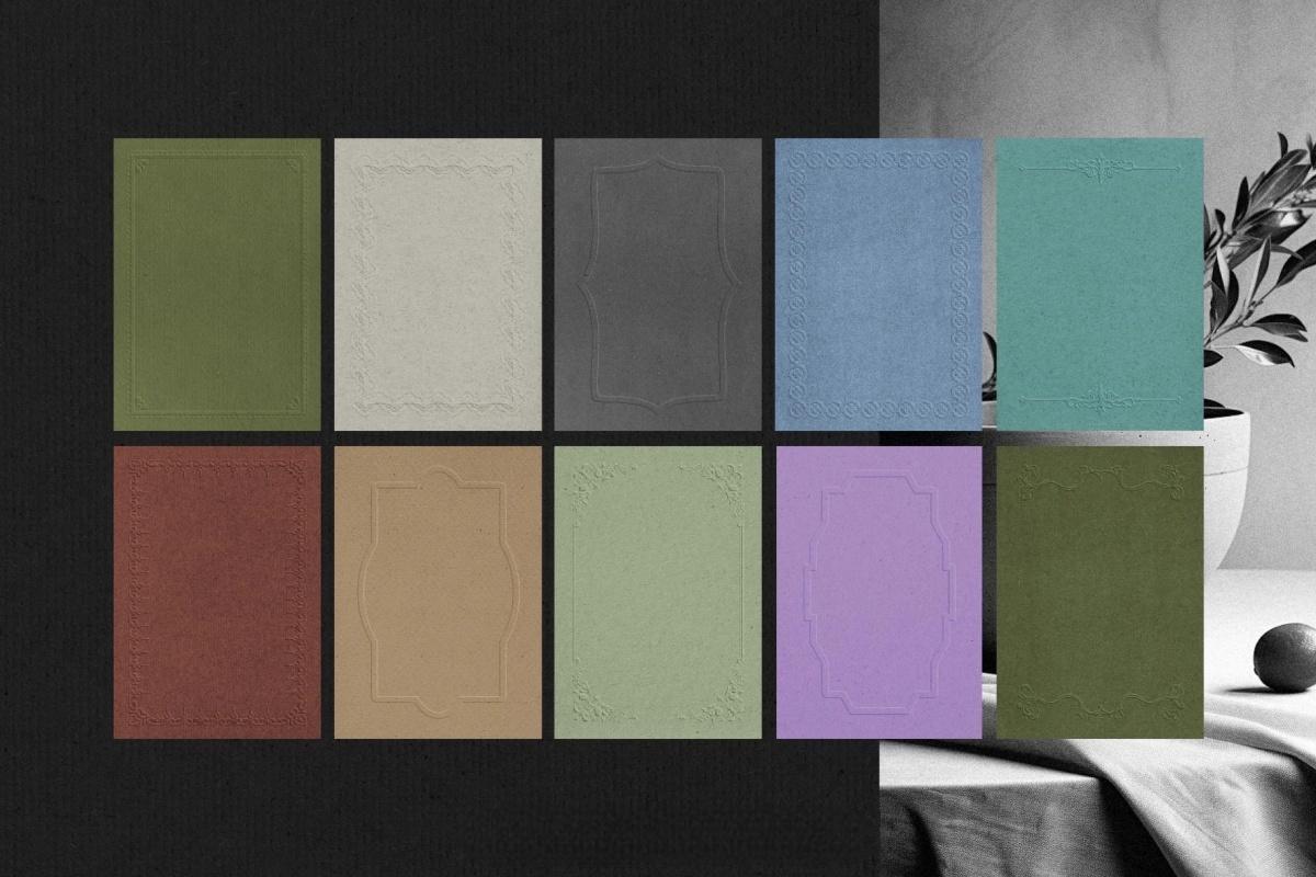 60款浪漫优雅新艺术多色卡片明信片压花浮雕纹理纸张底纹肌理PNG/JPG背景边框图片套装 Crafted Embossed Papers & Frames（14047）