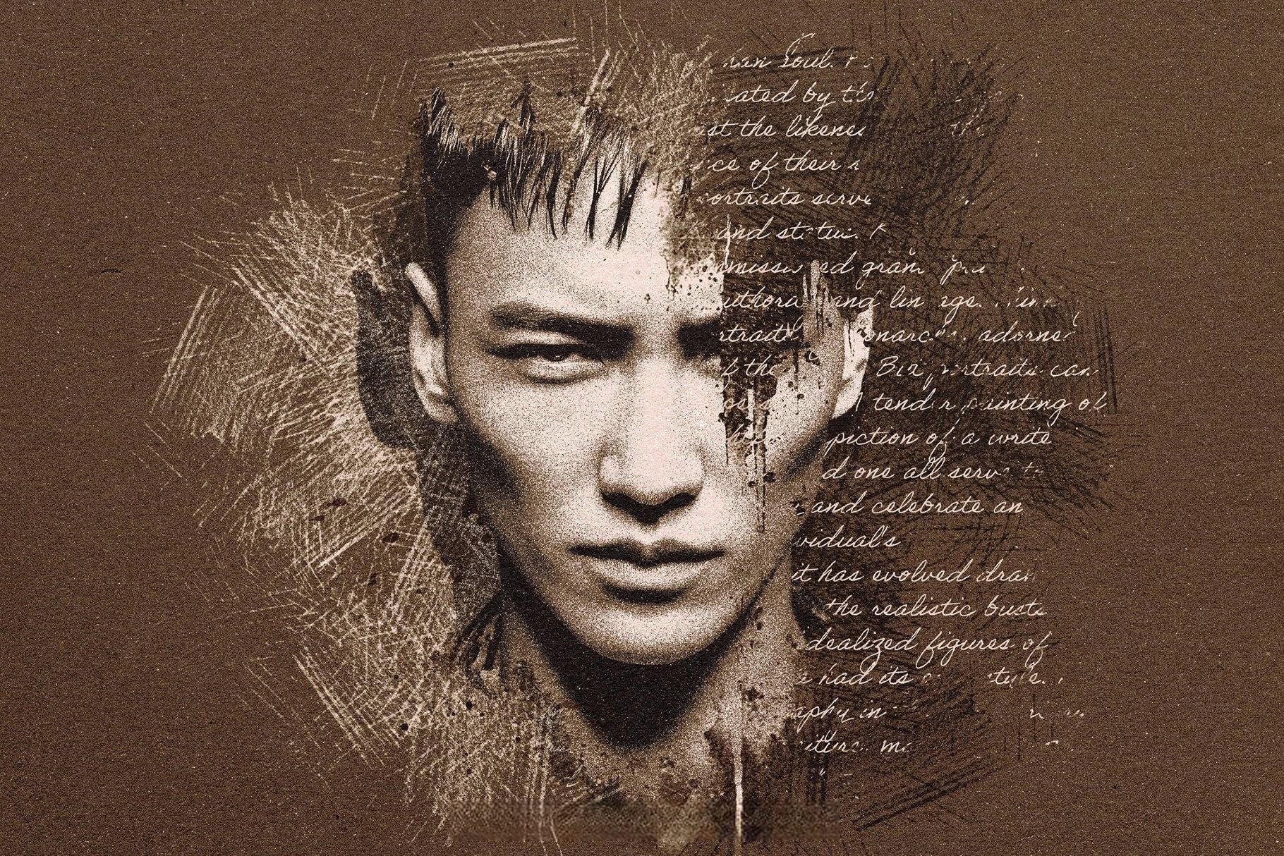 混合媒体艺术粗糙素描墨迹飞溅手写文字书籍封面海报PSD特效样机 Mixed Art Photo Effect（14045）