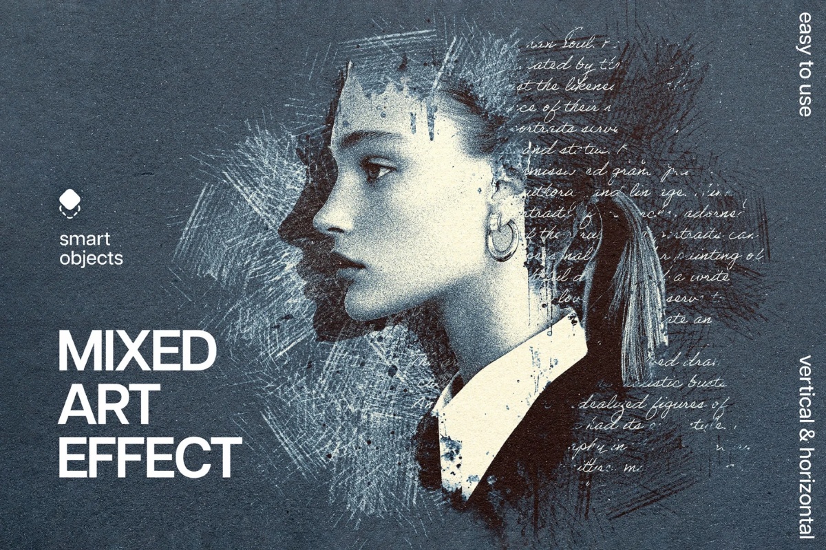 混合媒体艺术粗糙素描墨迹飞溅手写文字书籍封面海报PSD特效样机 Mixed Art Photo Effect（14045）