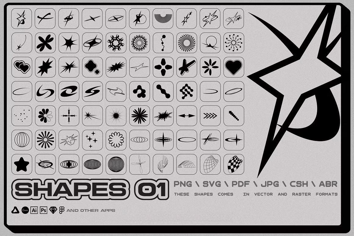 150款复古千禧Y2K美学流行文化像素位图矢量图形设计元素套装 Y2K Toolkit – Vector Shapes, Bitmap,Text Effect（14067）