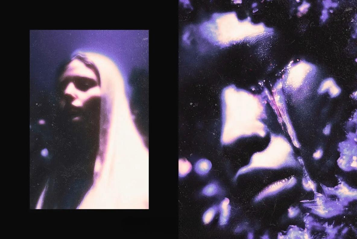 复古Y2K紫色发光颗粒光晕噪点胶片艺术特效PSD效果样机 Purple Grain Glow Effect（14188）