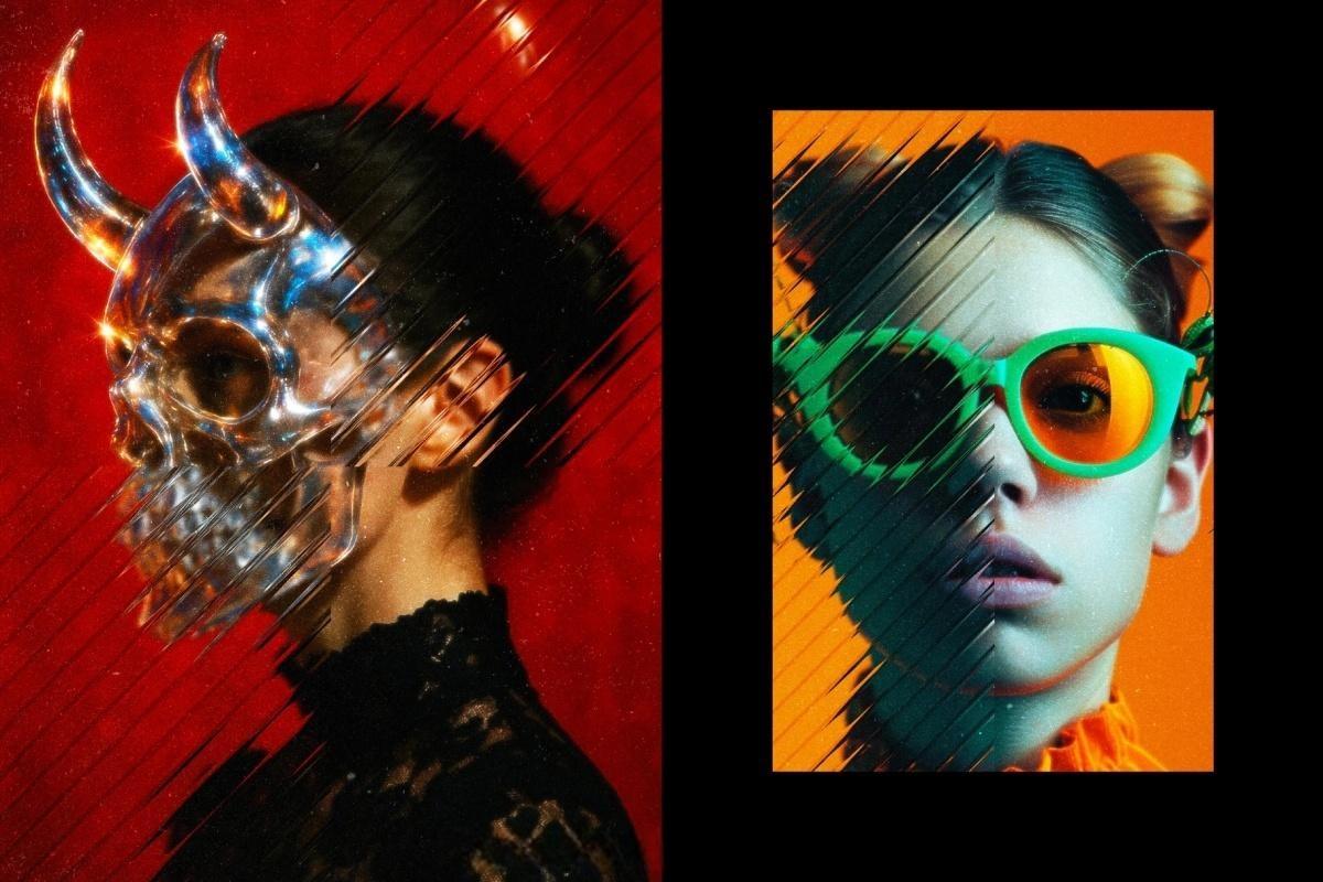 大胆现代抽象艺术透明条形玻璃折射波纹海报封面设计排版PSD特效样机 Diagonal Glass Photo Effect（14089）