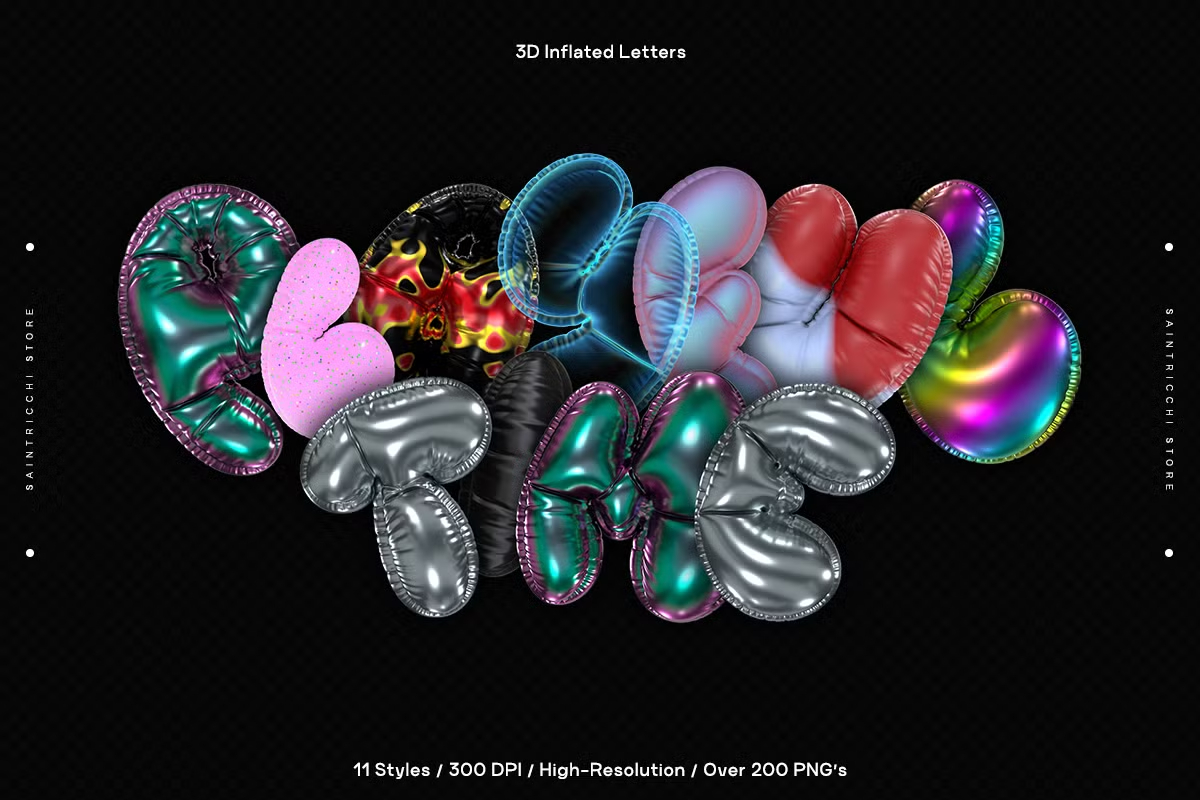 286个复古Y2K风格趣味3D充气膨胀渲染英文大写字母多材质样式装饰封面海报设计PNG素材 Playful Time – 3D Inflated Letters（13083）