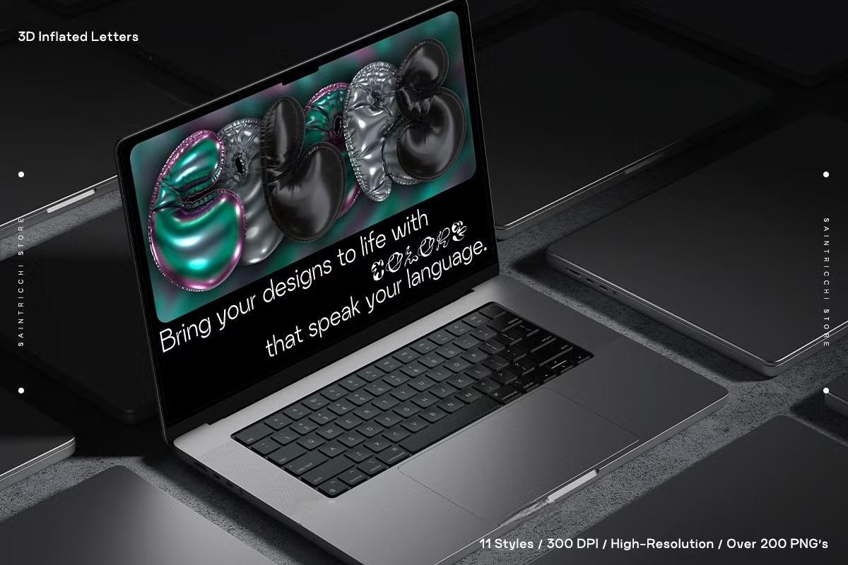 286个复古Y2K风格趣味3D充气膨胀渲染英文大写字母多材质样式装饰封面海报设计PNG素材 Playful Time – 3D Inflated Letters（13083）