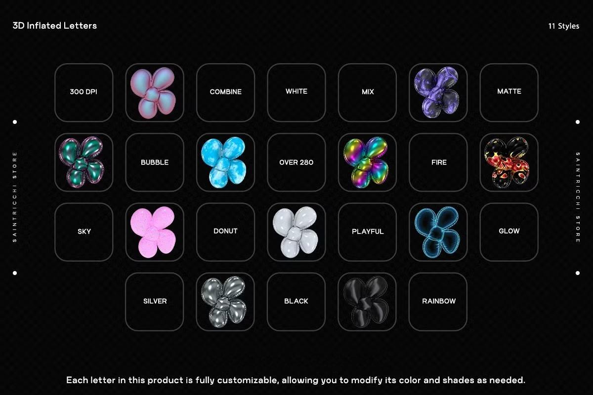 286个复古Y2K风格趣味3D充气膨胀渲染英文大写字母多材质样式装饰封面海报设计PNG素材 Playful Time – 3D Inflated Letters（13083）