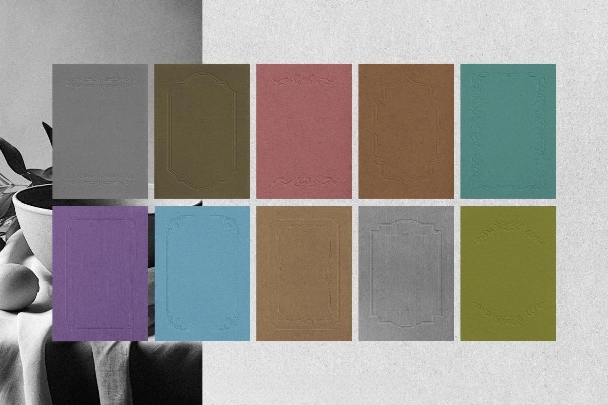 60款浪漫优雅新艺术多色卡片明信片压花浮雕纹理纸张底纹肌理PNG/JPG背景边框图片套装 Crafted Embossed Papers & Frames（14047）