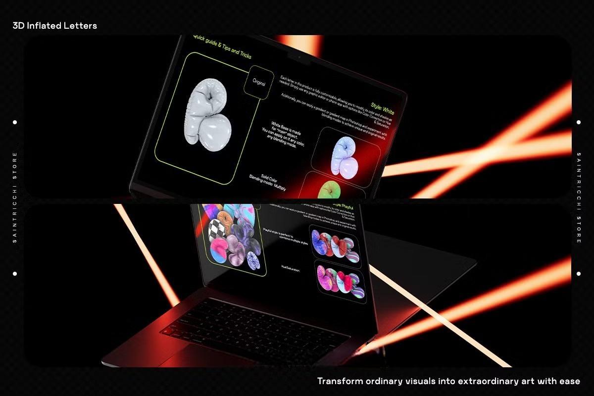 286个复古Y2K风格趣味3D充气膨胀渲染英文大写字母多材质样式装饰封面海报设计PNG素材 Playful Time – 3D Inflated Letters（13083）