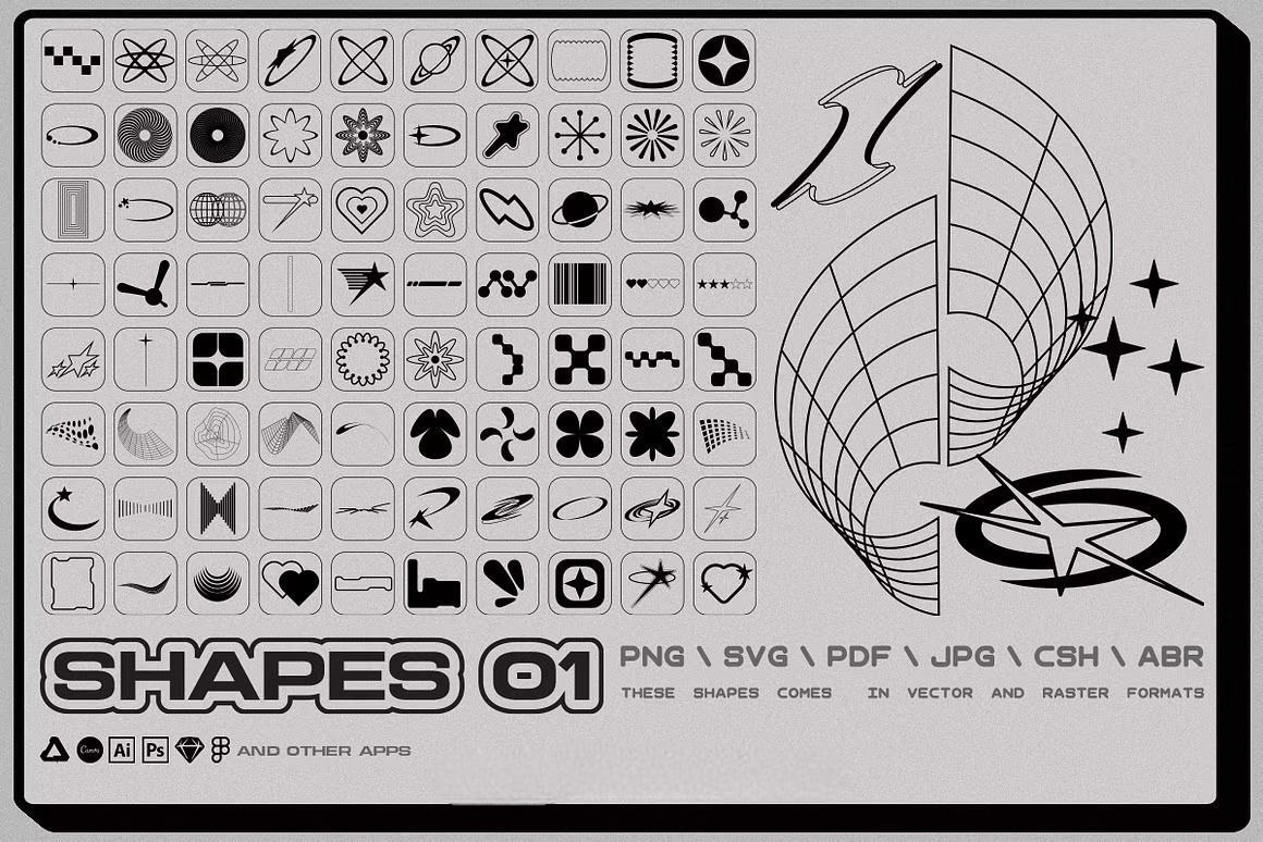 150款复古千禧Y2K美学流行文化像素位图矢量图形设计元素套装 Y2K Toolkit – Vector Shapes, Bitmap,Text Effect（14067）