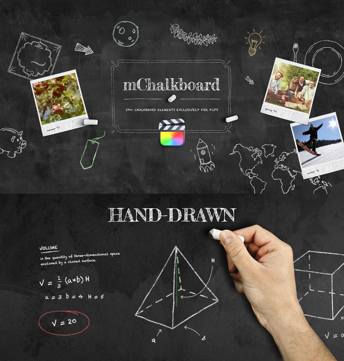 FCPX插件：170款趣味黑板粉笔手绘MG卡通箭头食物人体厨房学校元素动画预设 MotionVFX – Mchalkboard（14072）