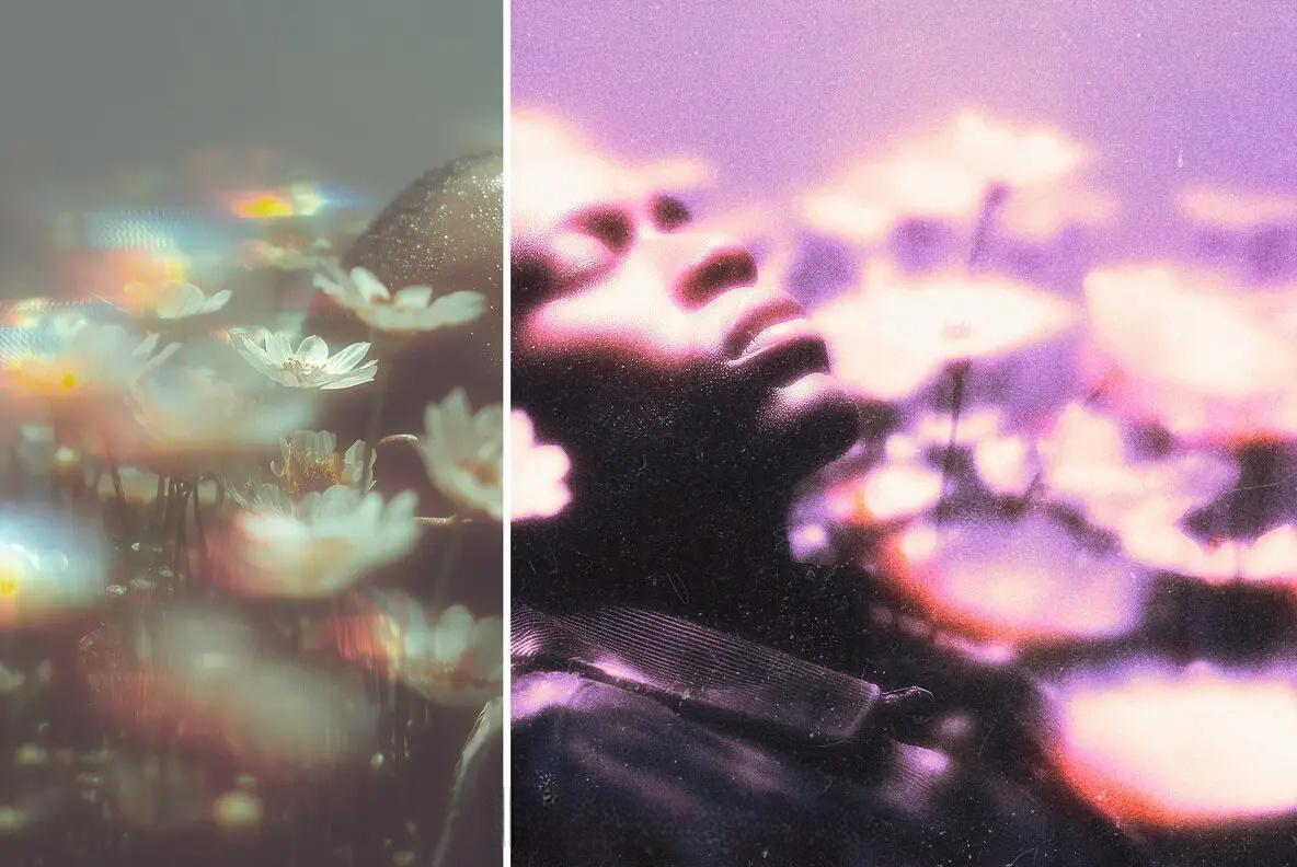 复古Y2K紫色发光颗粒光晕噪点胶片艺术特效PSD效果样机 Purple Grain Glow Effect（14188）