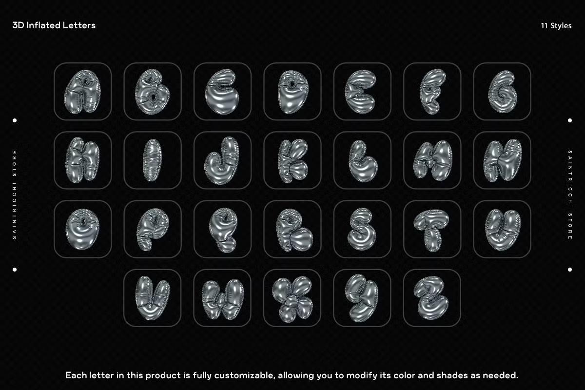 286个复古Y2K风格趣味3D充气膨胀渲染英文大写字母多材质样式装饰封面海报设计PNG素材 Playful Time – 3D Inflated Letters（13083）
