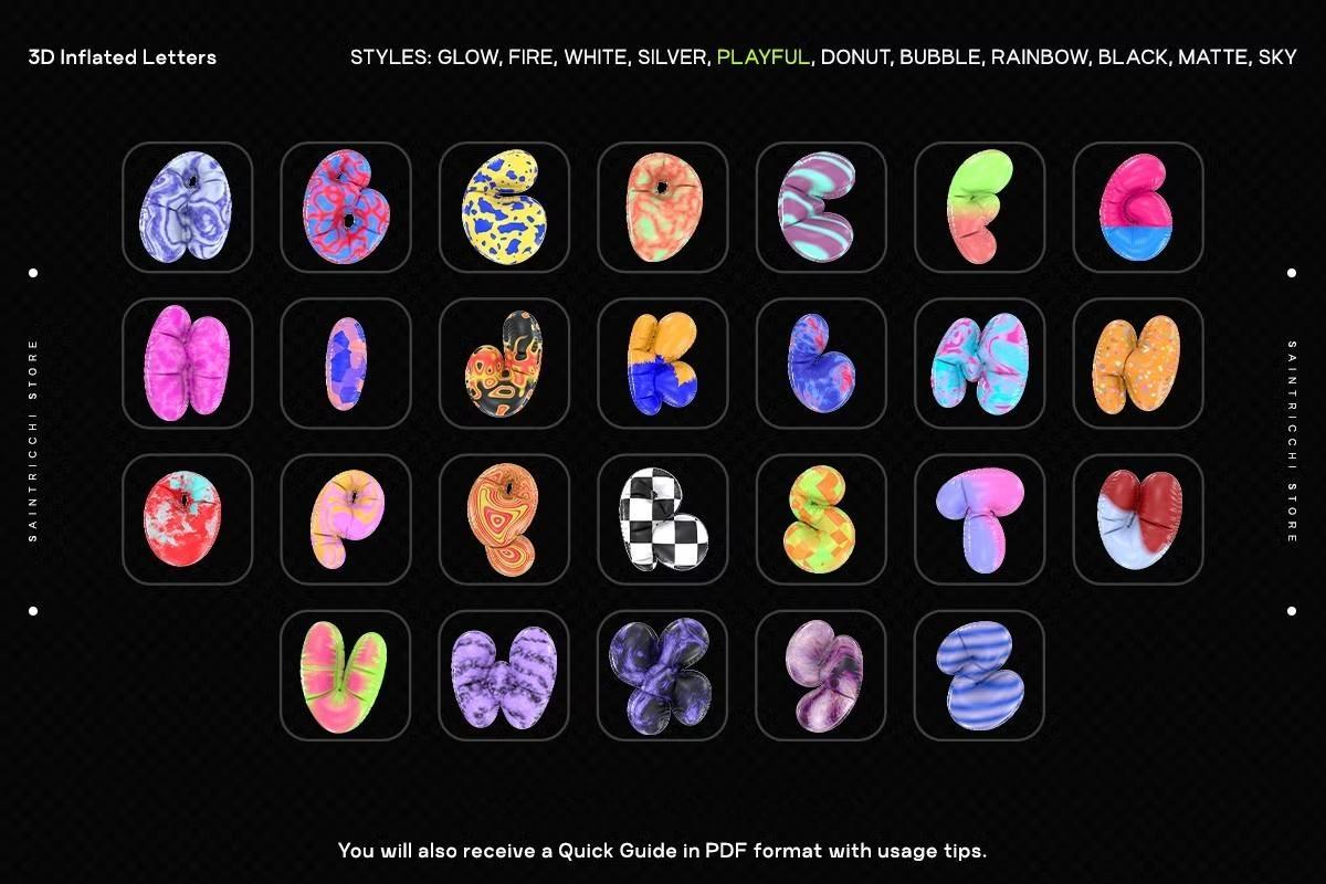 286个复古Y2K风格趣味3D充气膨胀渲染英文大写字母多材质样式装饰封面海报设计PNG素材 Playful Time – 3D Inflated Letters（13083）
